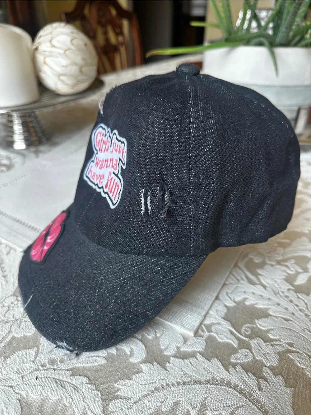 Upcycled Black Denim Trucker Hat Girls Just Wanna Have Fun
